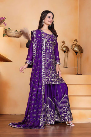 Violet Sequin with Embroidered Chinon Sharara Suit Set