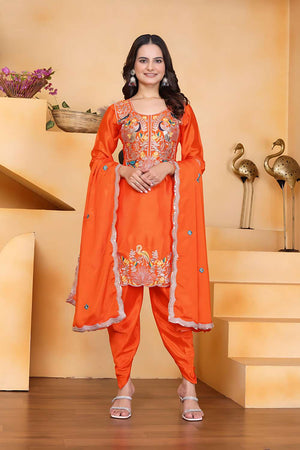 Orange Embroidered Chinon Patiala Suit Set