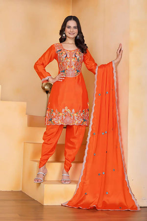 Orange Embroidered Chinon Patiala Suit Set