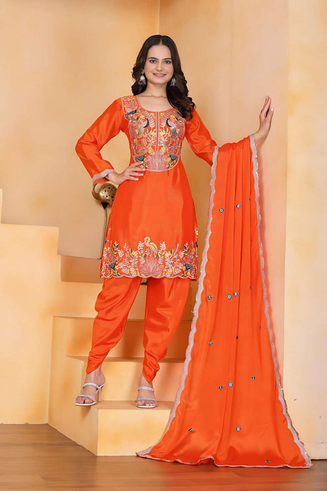 Orange Embroidered Chinon Patiala Suit Set