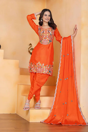 Orange Embroidered Chinon Patiala Suit Set