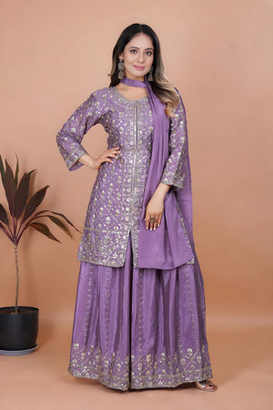 Lavender Sequin with Embroidered Chinon Sharara Suit Set