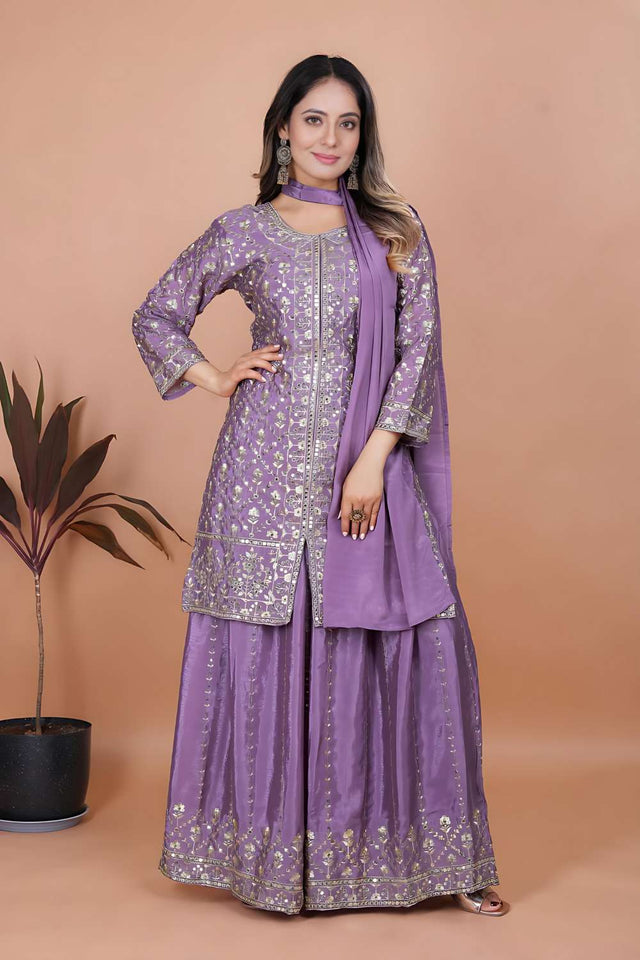 Lavender Sequin with Embroidered Chinon Sharara Suit Set