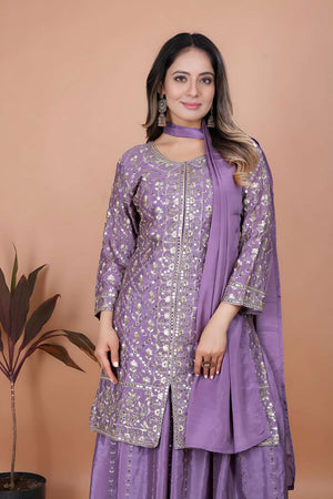 Lavender Sequin with Embroidered Chinon Sharara Suit Set