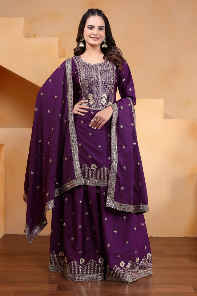 Violet Sequin with Embroidered Silk Sharara Suits