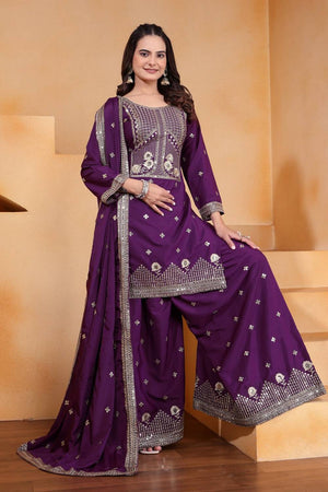 Violet Sequin with Embroidered Silk Sharara Suits