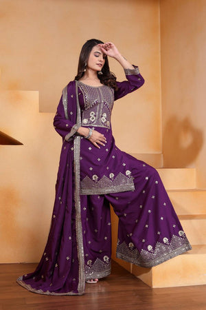 Violet Sequin with Embroidered Silk Sharara Suits