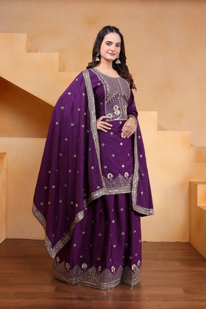 Violet Sequin with Embroidered Silk Sharara Suits