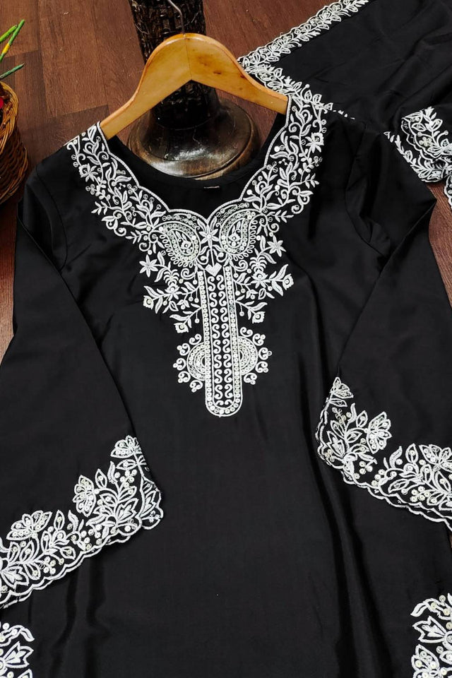 Black Embroidered Silk Palazzo Suits