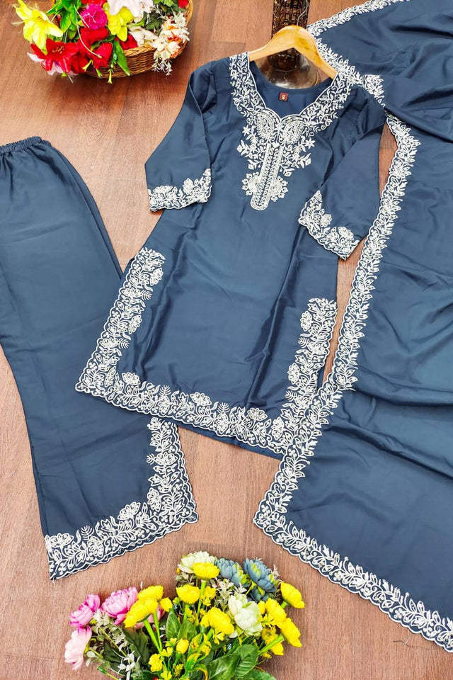 Blue Embroidered Silk Palazzo Suits