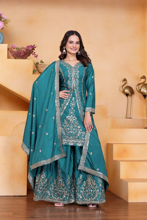 Turquoise Sequin with Embroidered Silk Sharara Suits