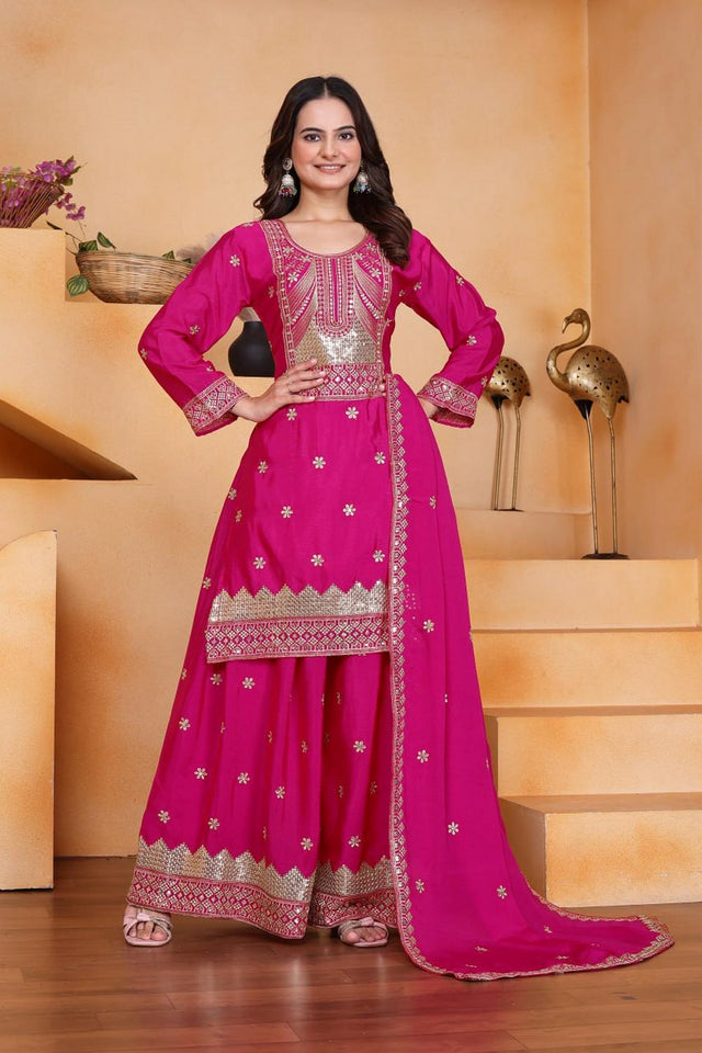 Pink Floral Embroidered Chinon Sharara Suits (FE - 117)