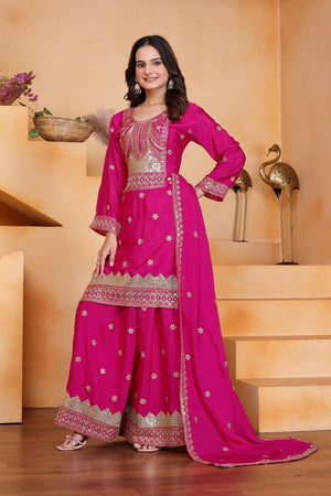 Pink Floral Embroidered Chinon Sharara Suits (FE - 117)