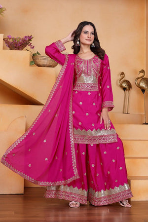 Pink Floral Embroidered Chinon Sharara Suits (FE - 117)