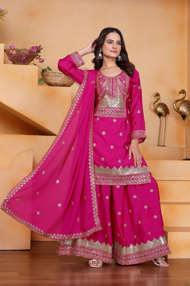 Pink Floral Embroidered Chinon Sharara Suits (FE - 117)