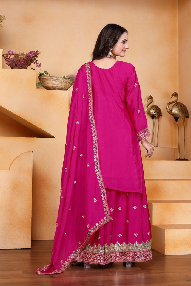 Pink Floral Embroidered Chinon Sharara Suits (FE - 117)