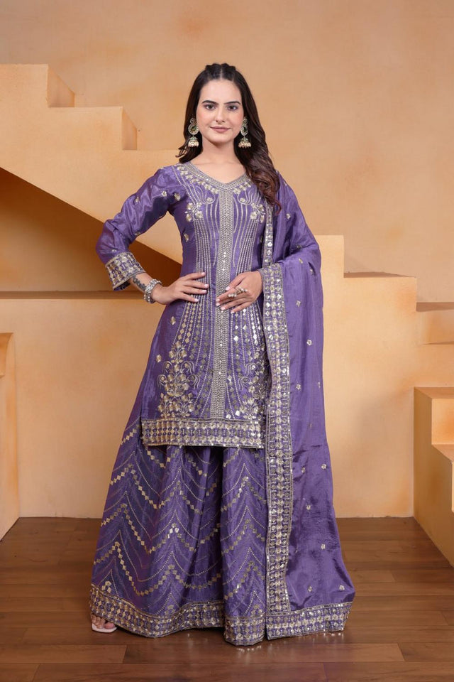 Blue Sequin with Embroidered Chinon Sharara Suits (FE - 118)