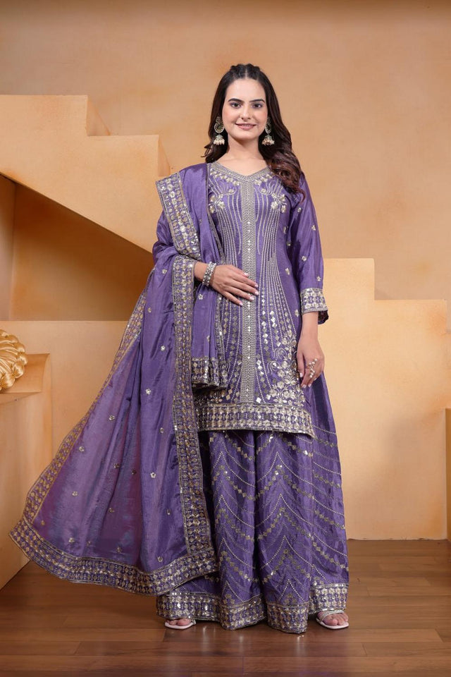 Blue Sequin with Embroidered Chinon Sharara Suits (FE - 118)