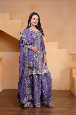 Blue Sequin with Embroidered Chinon Sharara Suits (FE - 118)