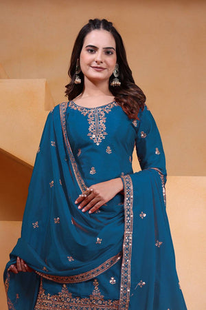 Turquoise Sequin with Embroidered Silk Sharara Suits