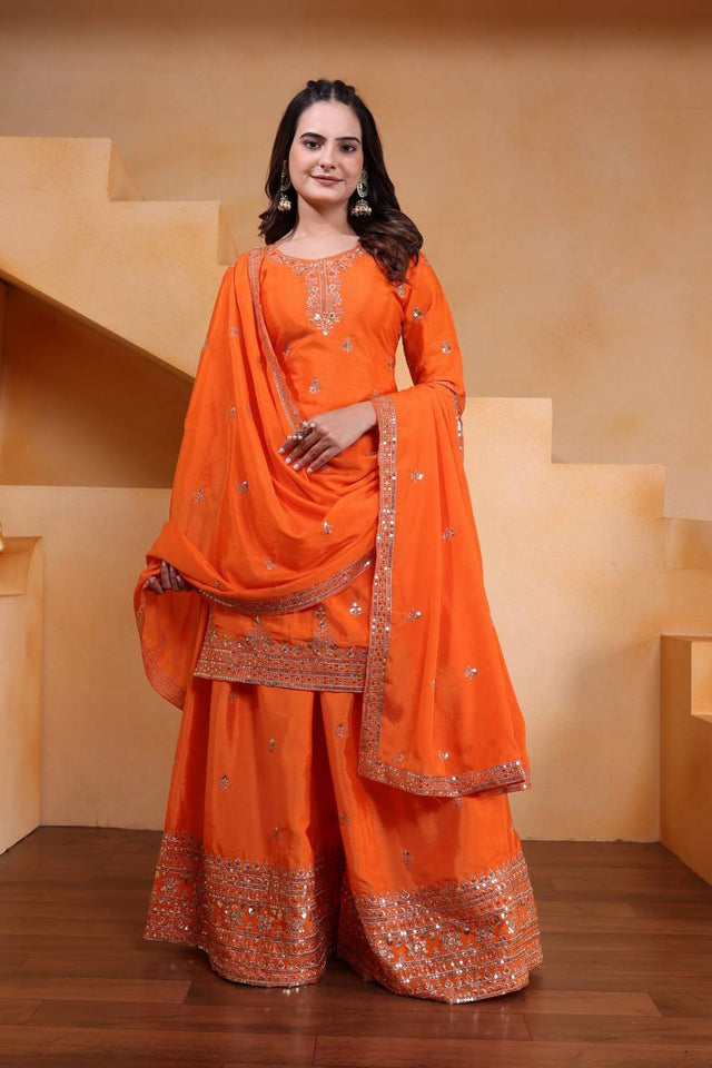 Orange Sequin with Embroidered Silk Sharara Suits
