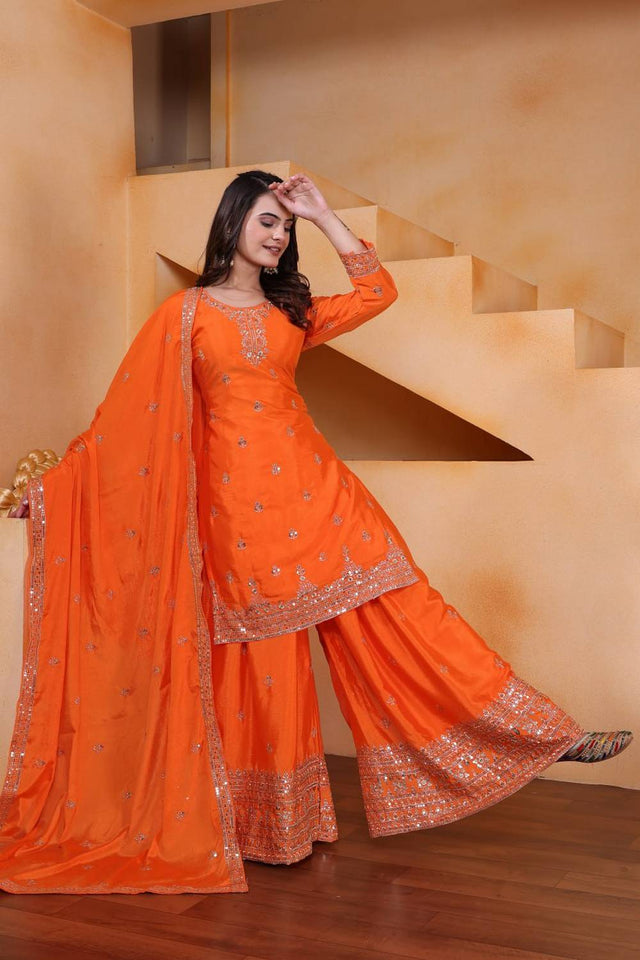 Orange Sequin with Embroidered Silk Sharara Suits