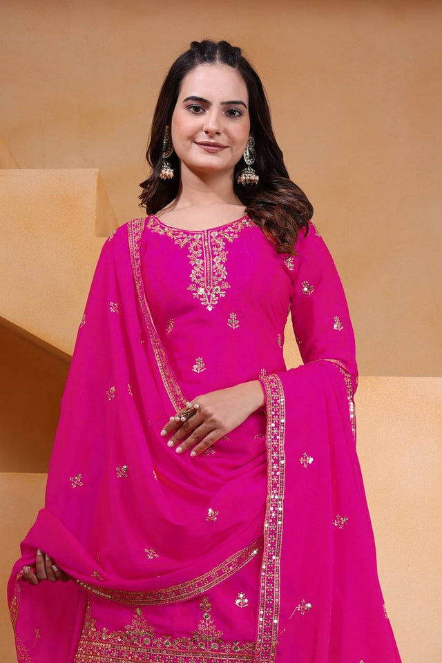 Pink Sequin with Embroidered Silk Sharara Suits
