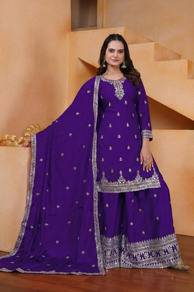Blue Floral Embroidered Chinon Sharara Suits (FE - 119 -Blue)
