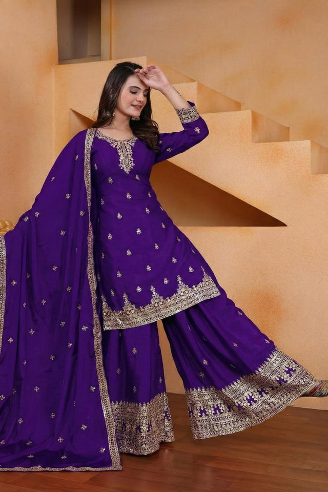 Blue Floral Embroidered Chinon Sharara Suits (FE - 119 -Blue)