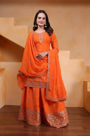 Orange Floral Embroidered Chinon Sharara Suits (FE - 119 -Orange)