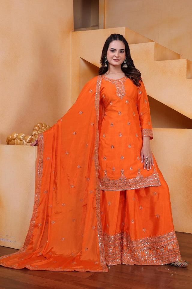 Orange Floral Embroidered Chinon Sharara Suits (FE - 119 -Orange)