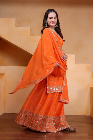 Orange Floral Embroidered Chinon Sharara Suits (FE - 119 -Orange)
