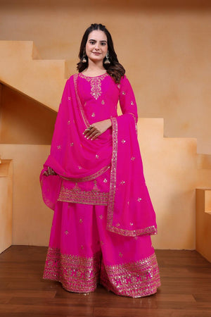 Pink Floral Embroidered Chinon Sharara Suits (FE - 119 -Pink)