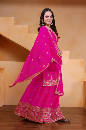 Pink Floral Embroidered Chinon Sharara Suits (FE - 119 -Pink)