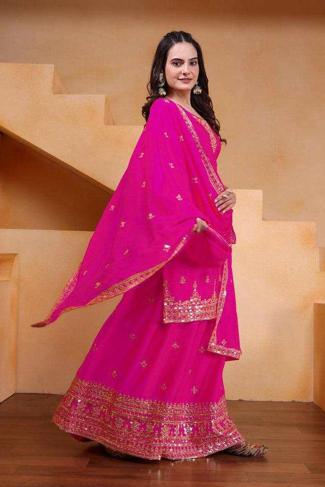 Pink Floral Embroidered Chinon Sharara Suits (FE - 119 -Pink)