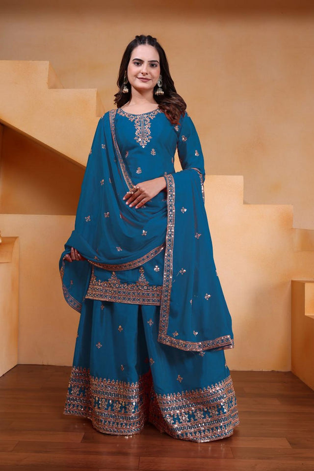 Turquoise Floral Embroidered Chinon Sharara Suits (FE - 119 -Rama)