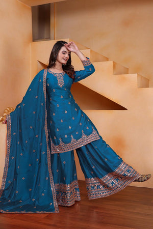 Turquoise Floral Embroidered Chinon Sharara Suits (FE - 119 -Rama)