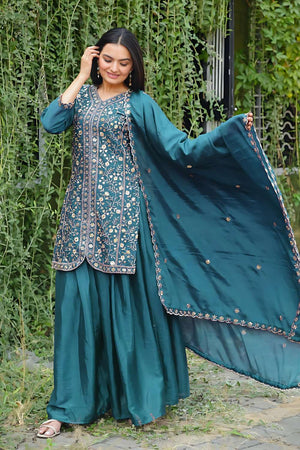 Blue Sequin with Embroidered Chinon Sharara Suit Set