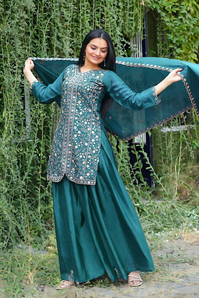 Blue Sequin with Embroidered Chinon Sharara Suit Set