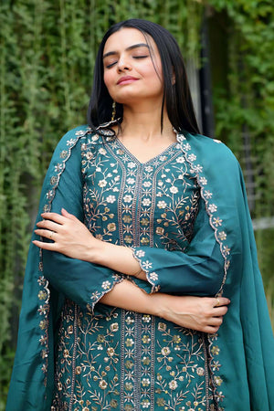 Blue Sequin with Embroidered Chinon Sharara Suit Set