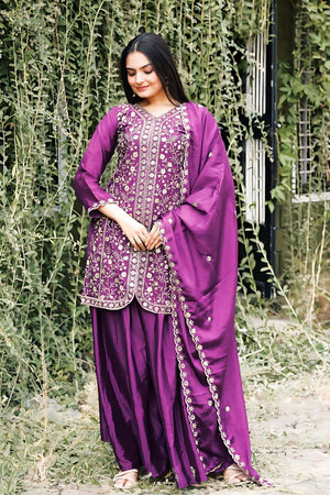 Wine Sequin with Embroidered Chinon Sharara Suit Set