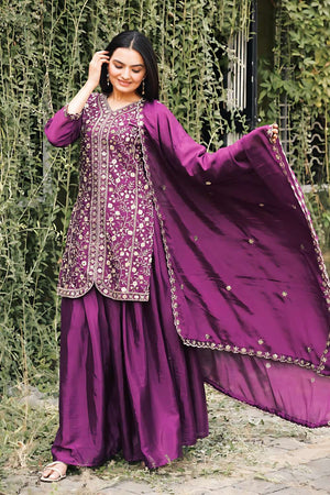 Wine Sequin with Embroidered Chinon Sharara Suit Set