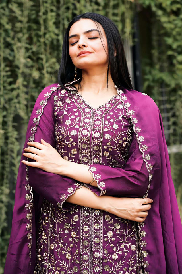 Wine Sequin with Embroidered Chinon Sharara Suit Set