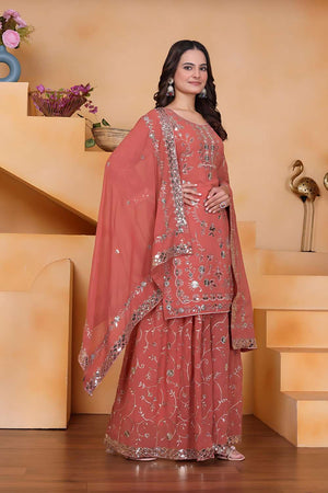 Peach Sequin with Embroidered Georgette Sharara Suit Set