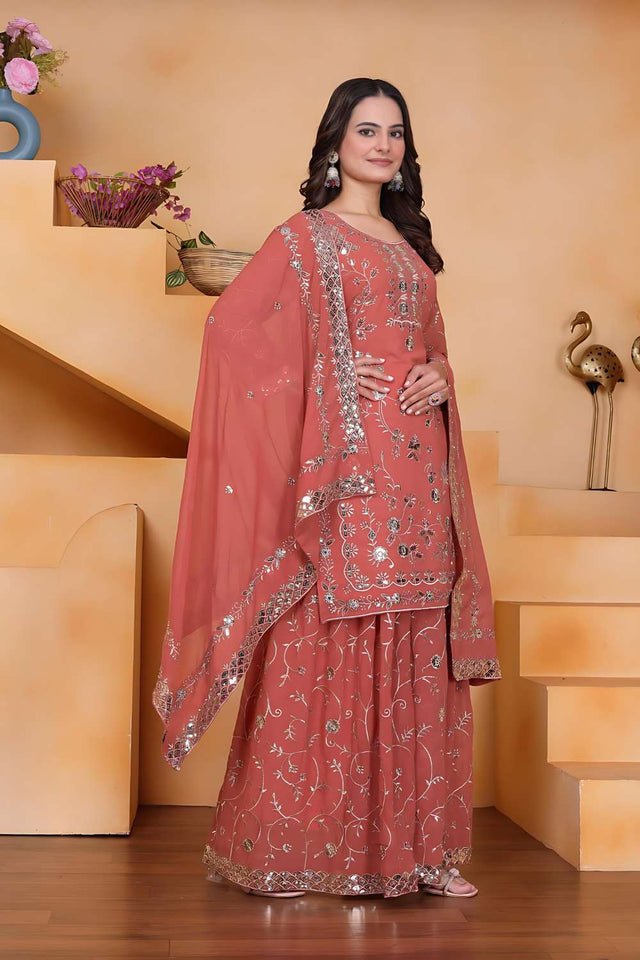 Peach Sequin with Embroidered Georgette Sharara Suit Set