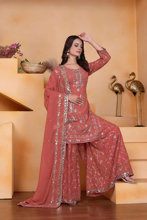 Peach Sequin with Embroidered Georgette Sharara Suit Set