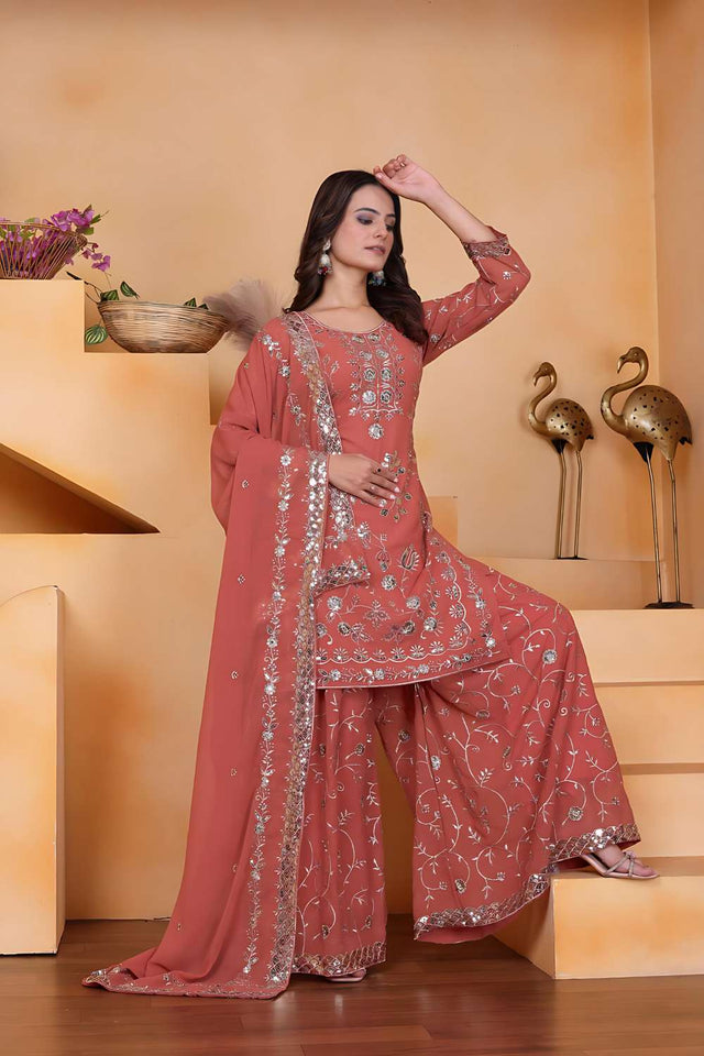 Peach Sequin with Embroidered Georgette Sharara Suit Set