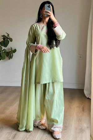 Green Embroidered Cotton Blend Kurti Palazzo Set (FM-468-LightGreen)