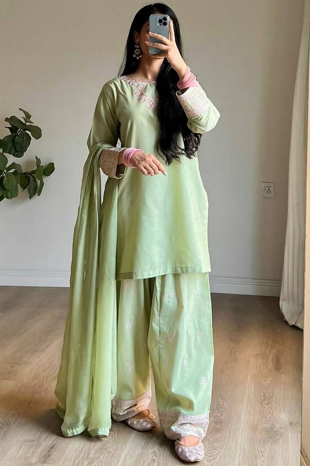 Green Embroidered Cotton Blend Kurti Palazzo Set (FM-468-LightGreen)