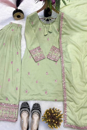 Green Embroidered Cotton Blend Kurti Palazzo Set (FM-468-LightGreen)